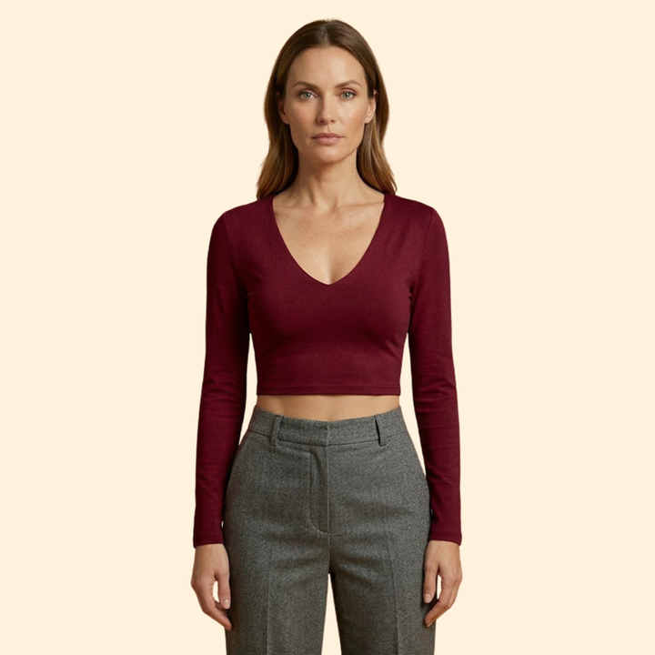 Women's V-Neck Long Sleeve Crop Top