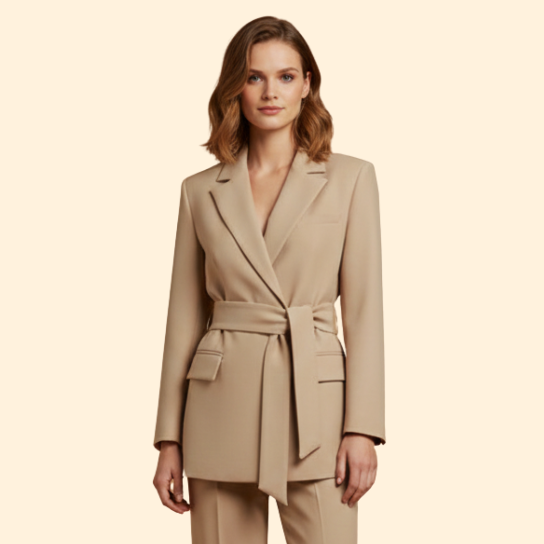 Women Blazer with Belt and Notched Lapels