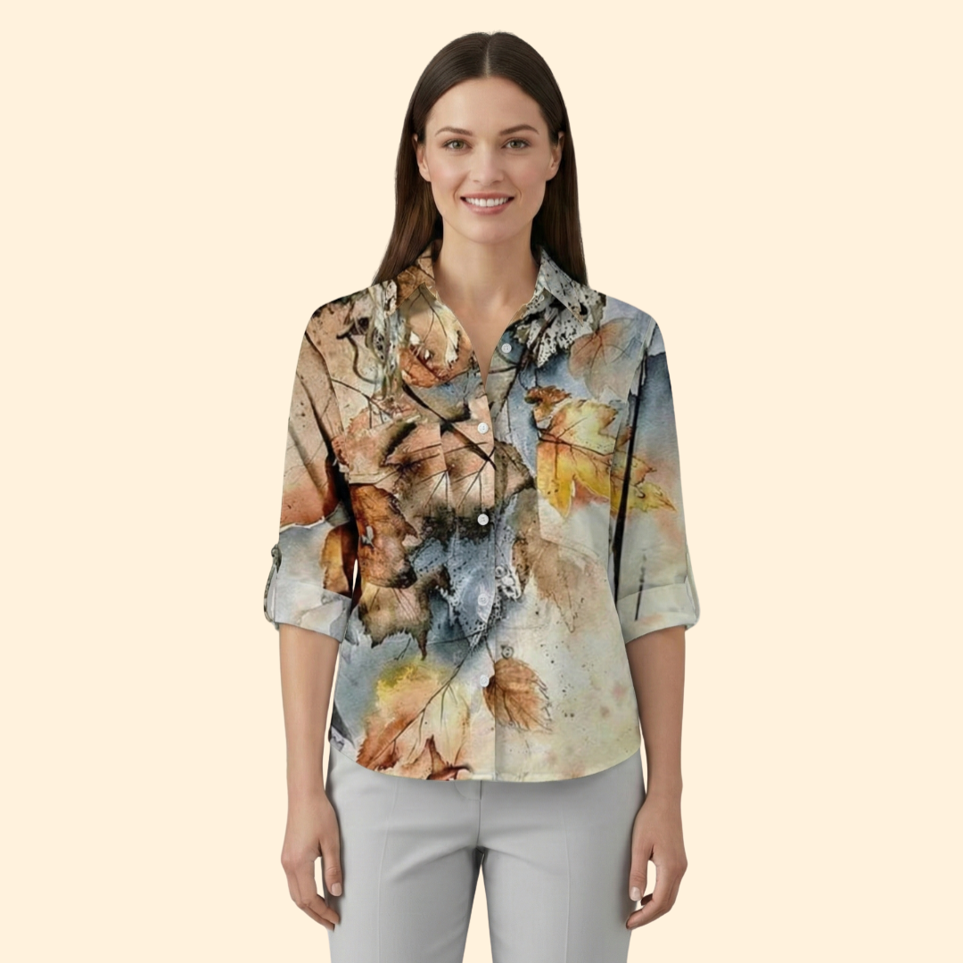 Women's Autumn Leaf Print Button-Up Shirt