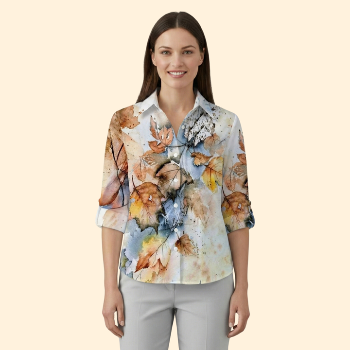 Women's Autumn Leaf Print Button-Up Shirt