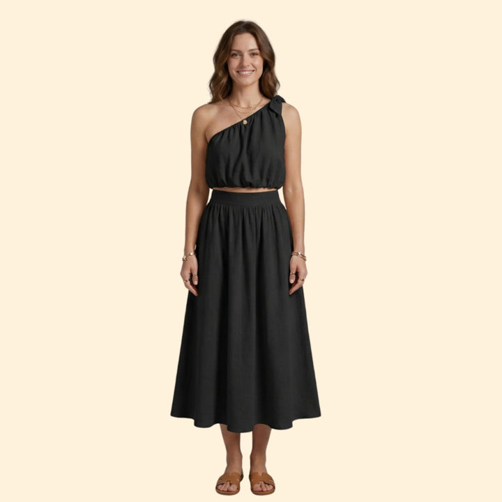 Women's Black One-Shoulder Top and High-Waisted Skirt Set