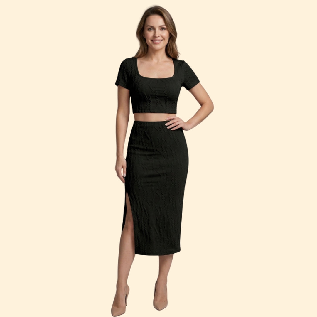 Women's Cable Knit Crop Top and Midi Skirt Set