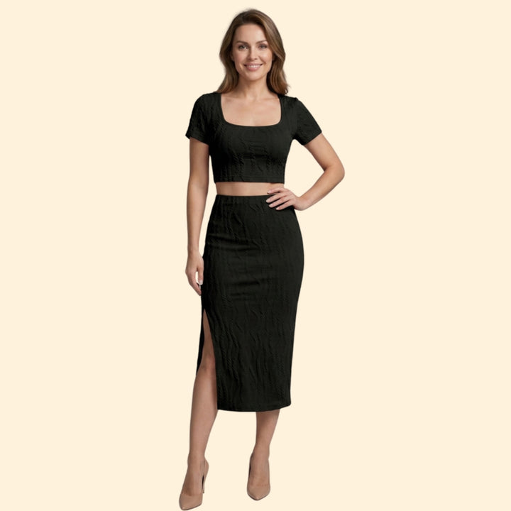 Women's Cable Knit Crop Top and Midi Skirt Set
