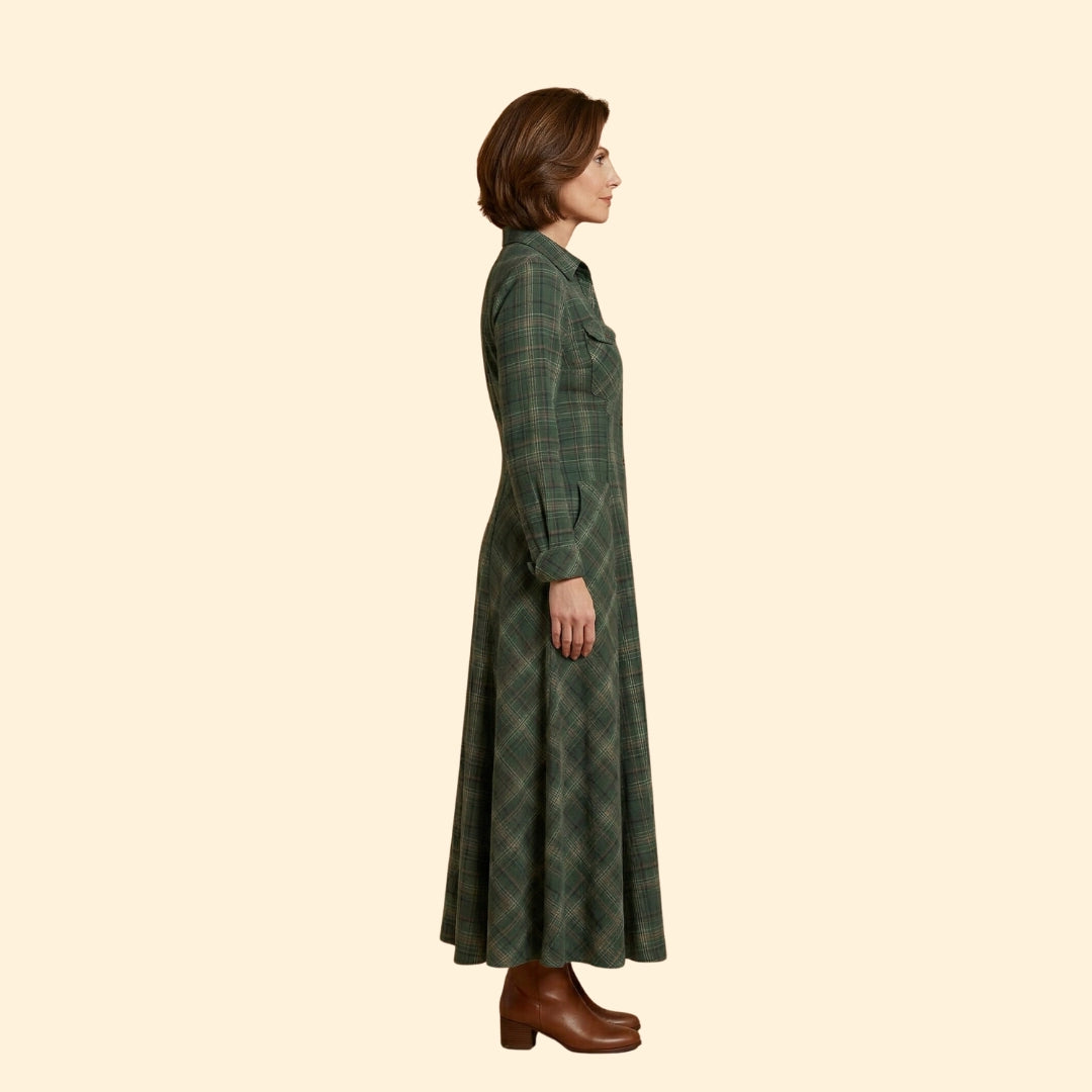 Women's Checkered Maxi Dress with Button-Down Front and Side Pockets