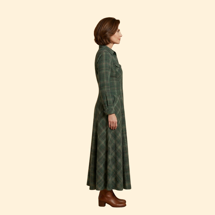 Women's Checkered Maxi Dress with Button-Down Front and Side Pockets