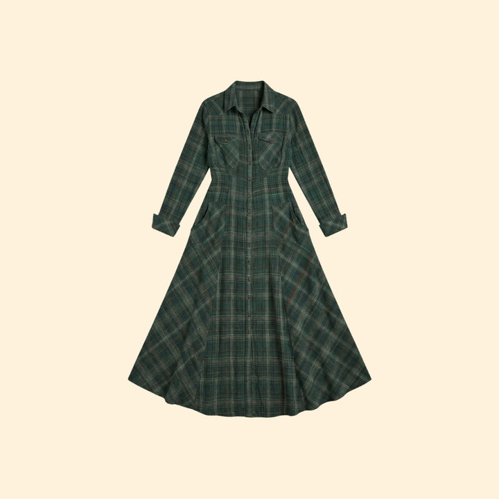 Women's Checkered Maxi Dress with Button-Down Front and Side Pockets