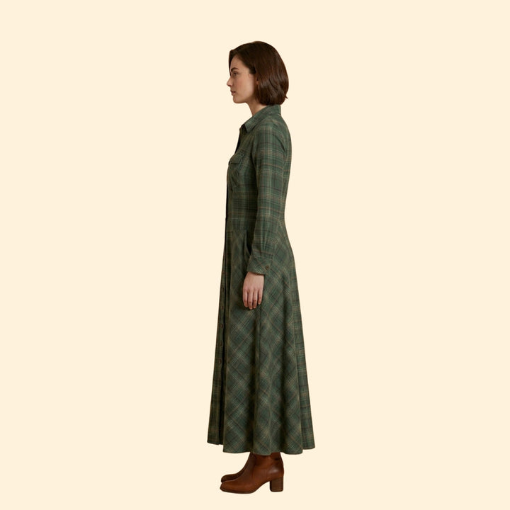Women's Checkered Maxi Dress with Button-Down Front and Side Pockets