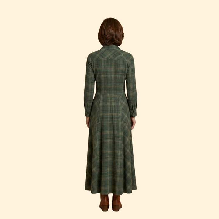 Women's Checkered Maxi Dress with Button-Down Front and Side Pockets