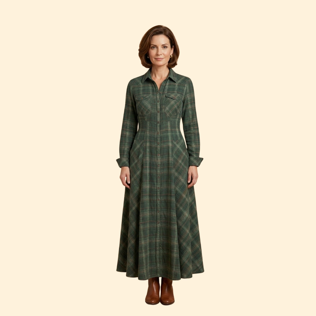 Women's Checkered Maxi Dress with Button-Down Front and Side Pockets