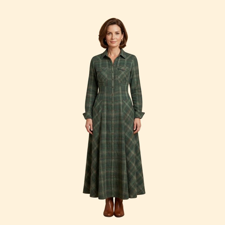 Women's Checkered Maxi Dress with Button-Down Front and Side Pockets
