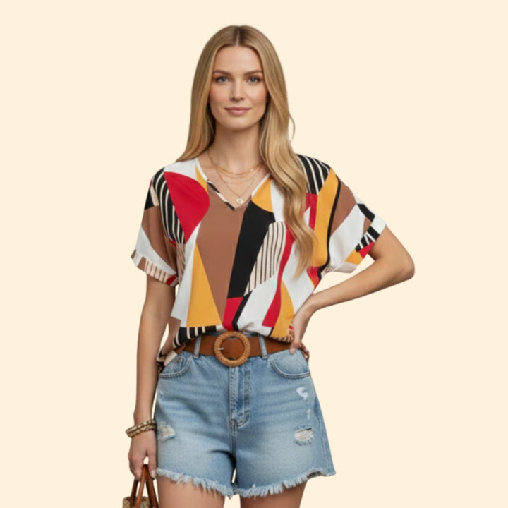 Women's Colorful Geometric V-neck Top