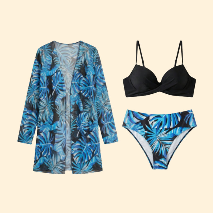 Women's Floral Bikini Set with Sheer Cover-Up Cardigan