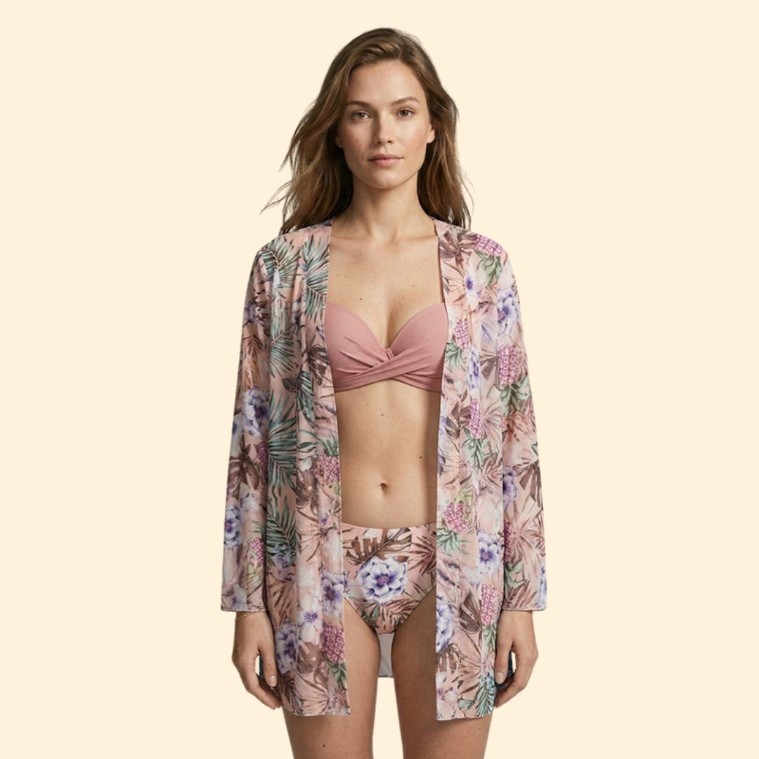 Women's Floral Bikini Set with Sheer Cover-Up Cardigan