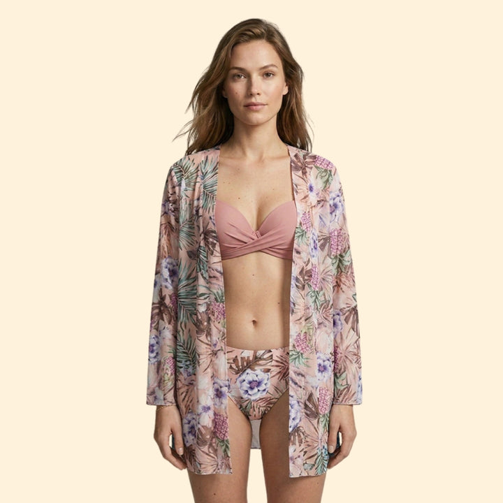Women's Floral Bikini Set with Sheer Cover-Up Cardigan
