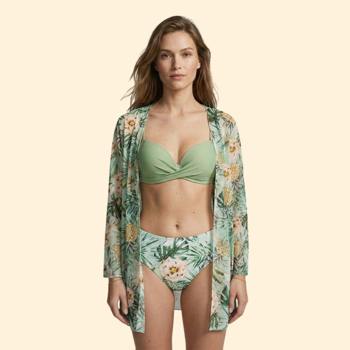 Women's Floral Bikini Set with Sheer Cover-Up Cardigan