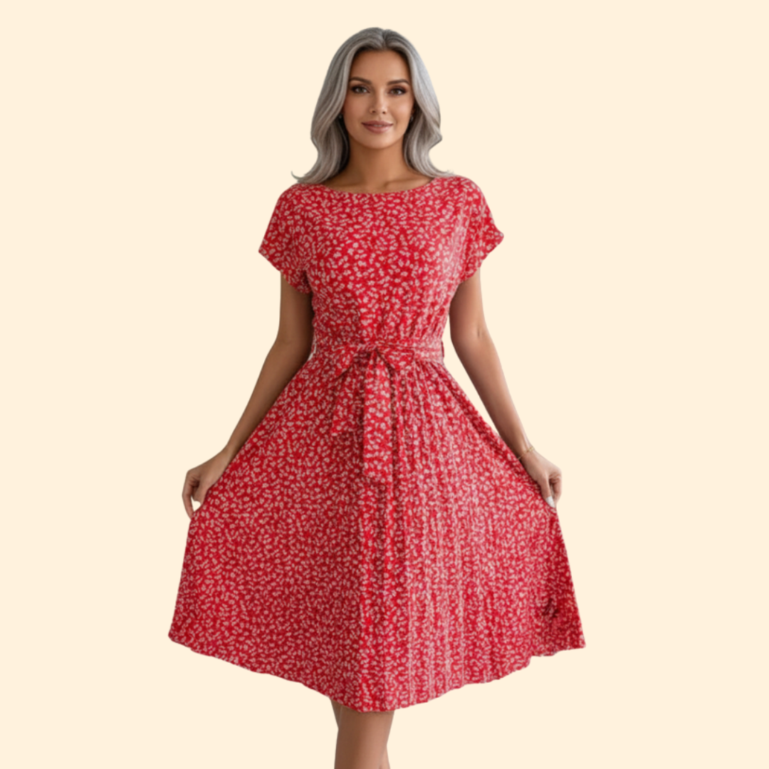 Women's Floral Pleated Dress with Belted Waist