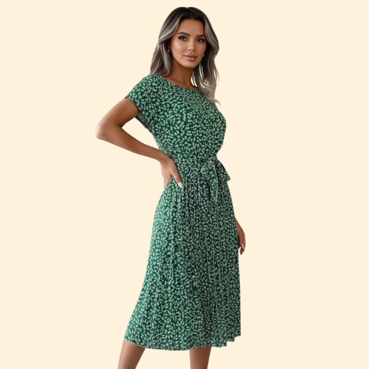 Women's Floral Pleated Dress with Belted Waist