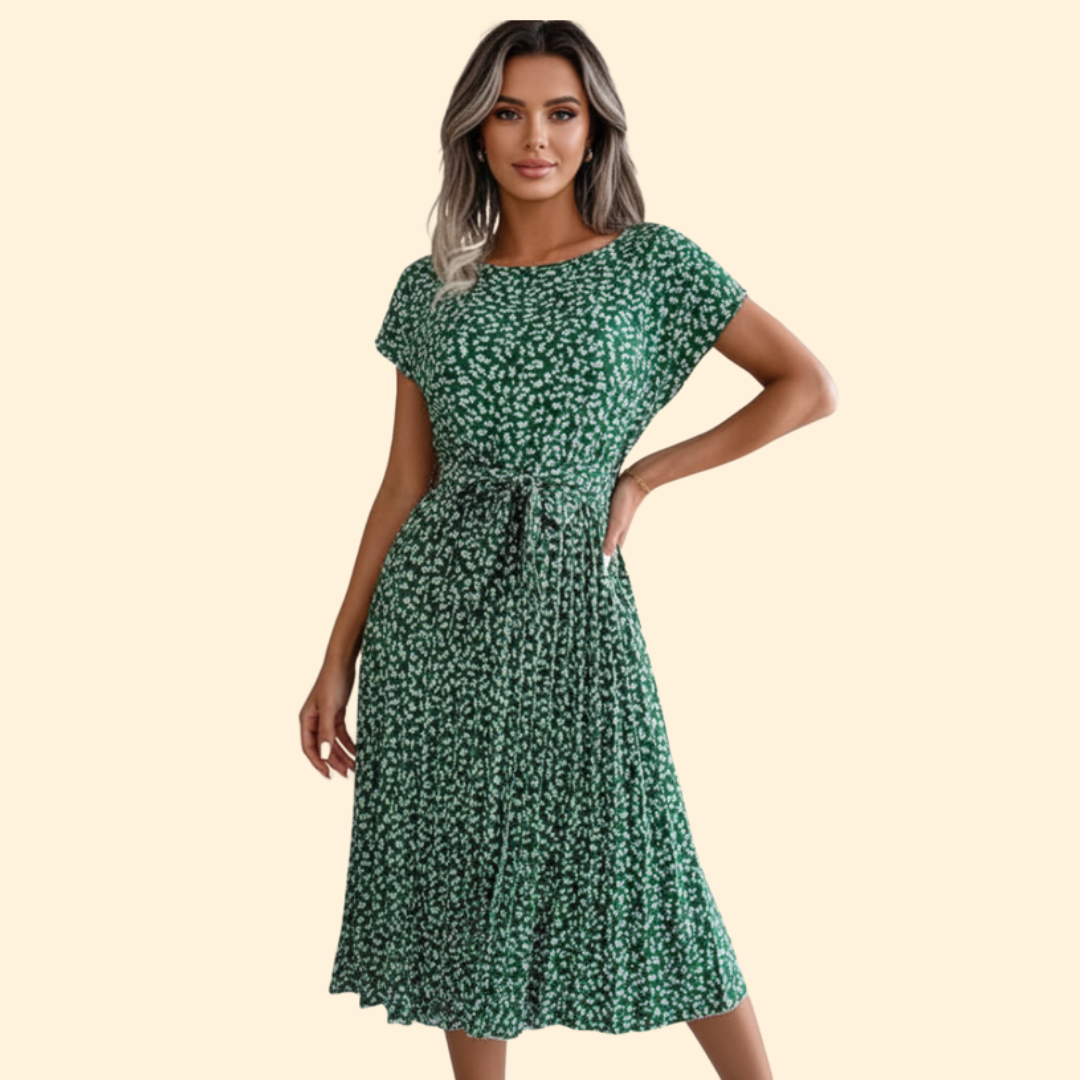 Women's Floral Pleated Dress with Belted Waist