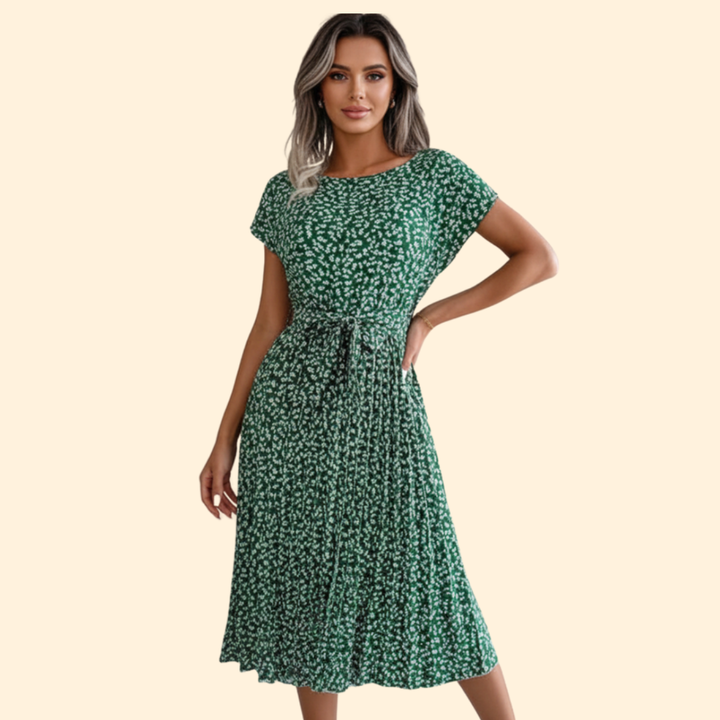 Women's Floral Pleated Dress with Belted Waist