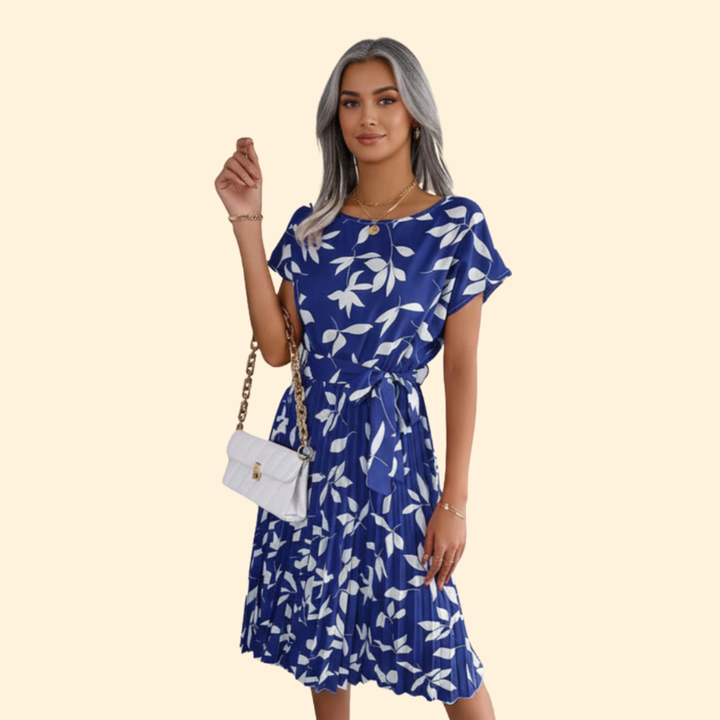 Women's Floral Pleated Dress with Belted Waist