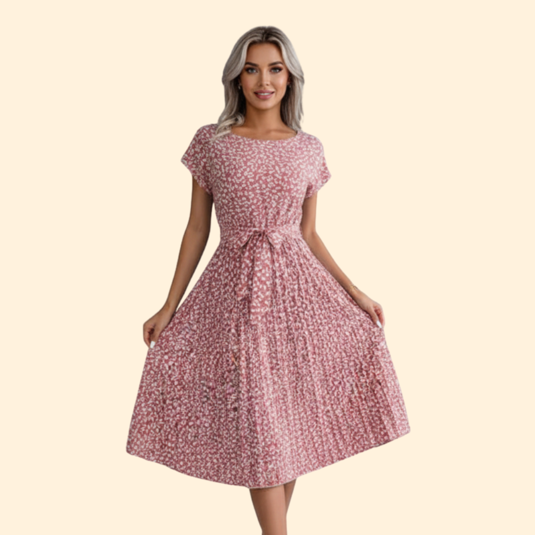 Women's Floral Pleated Dress with Belted Waist
