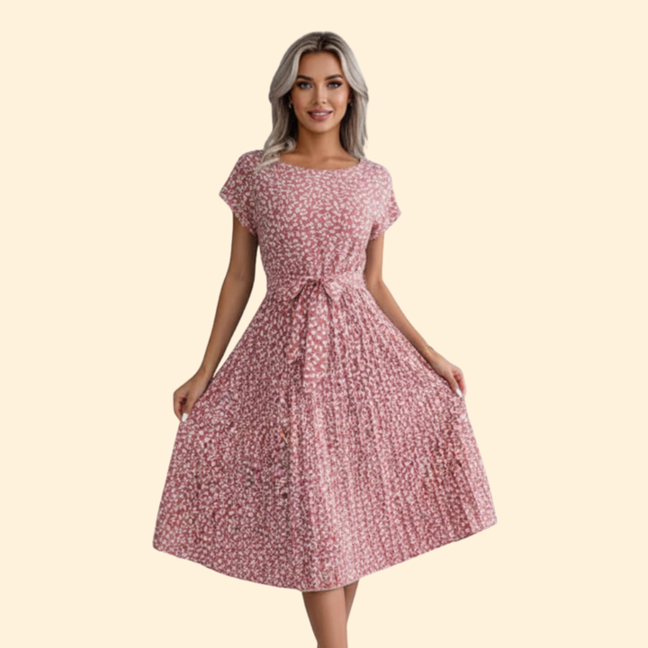 Women's Floral Pleated Dress with Belted Waist