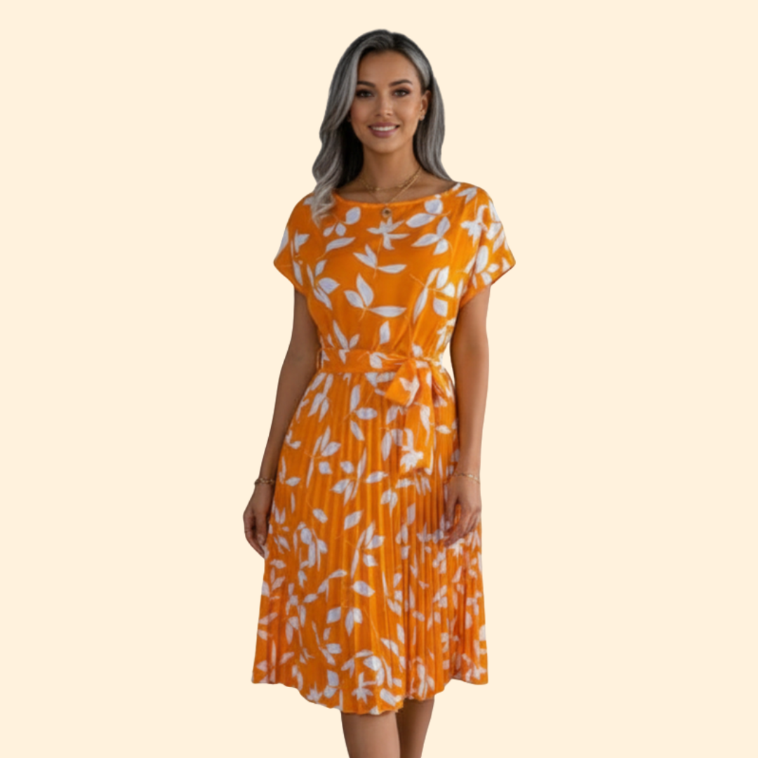 Women's Floral Pleated Dress with Belted Waist