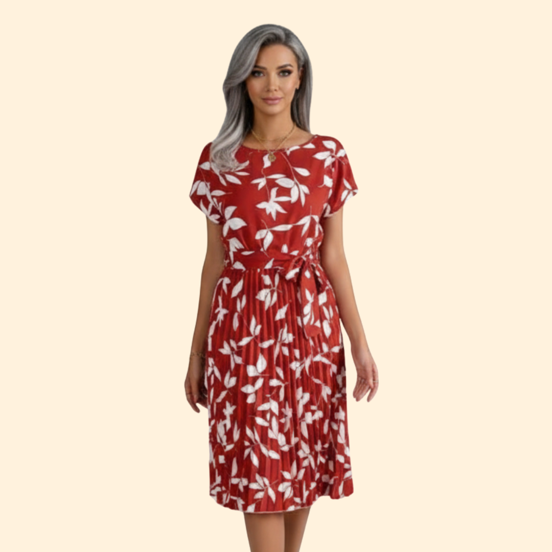 Women's Floral Pleated Dress with Belted Waist