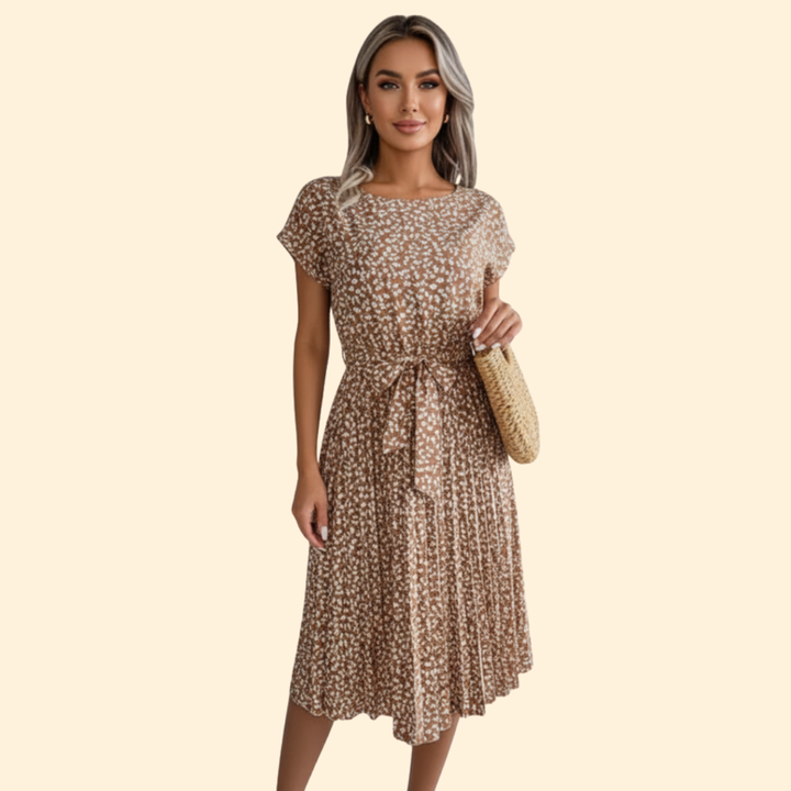 Women's Floral Pleated Dress with Belted Waist