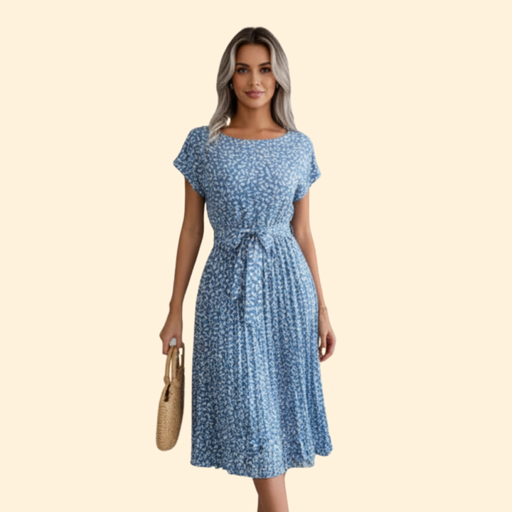 Women's Floral Pleated Dress with Belted Waist