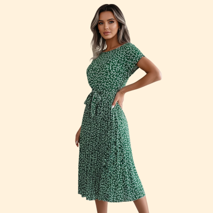 Women's Floral Pleated Dress with Belted Waist