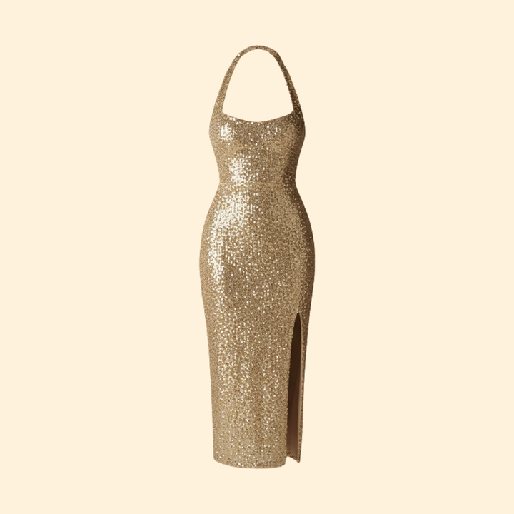 Women's Gold Sequin Halter Maxi Dress with High Slit