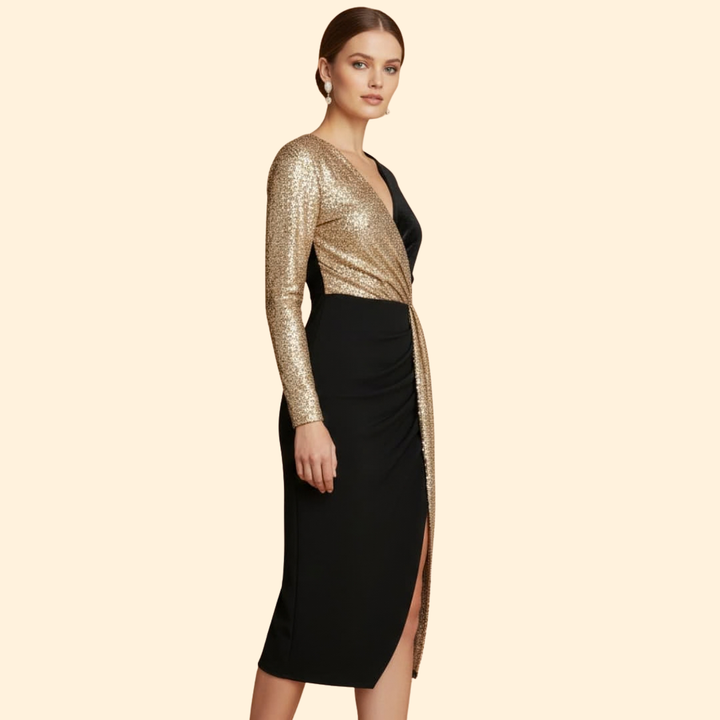 Women's Gold Sequin Wrap Dress with Long Sleeves