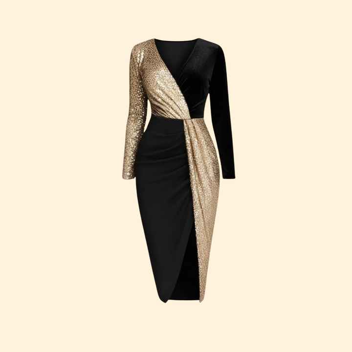 Women's Gold Sequin Wrap Dress with Long Sleeves