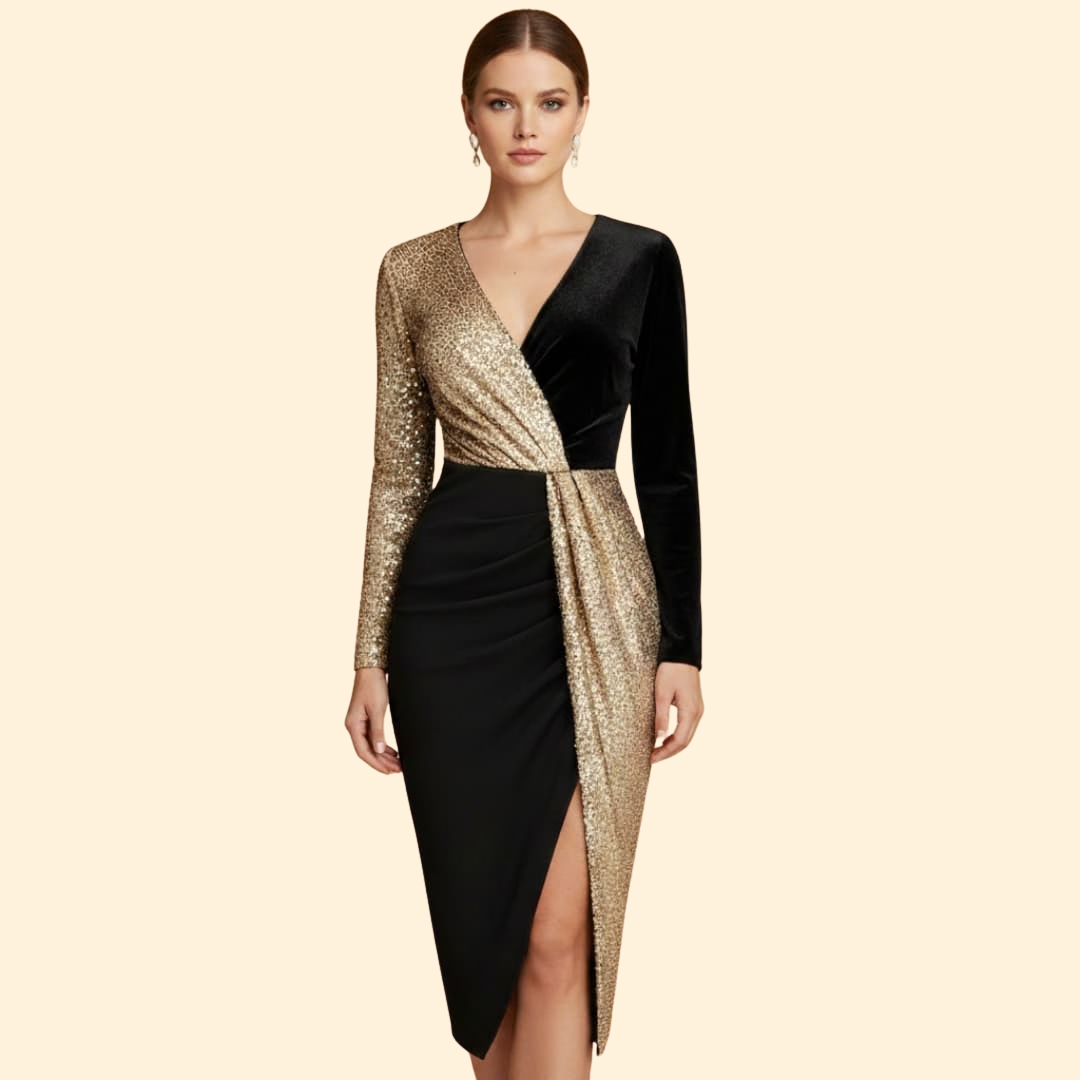Women's Gold Sequin Wrap Dress with Long Sleeves