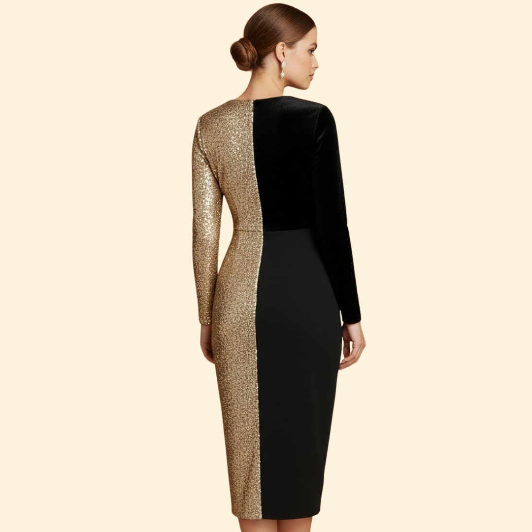 Women's Gold Sequin Wrap Dress with Long Sleeves