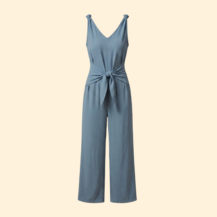 Women's Jumpsuit with V-Neckline and Adjustable Waist Tie