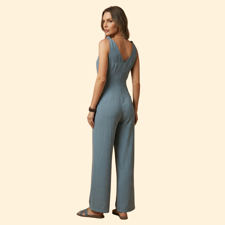 Women's Jumpsuit with V-Neckline and Adjustable Waist Tie