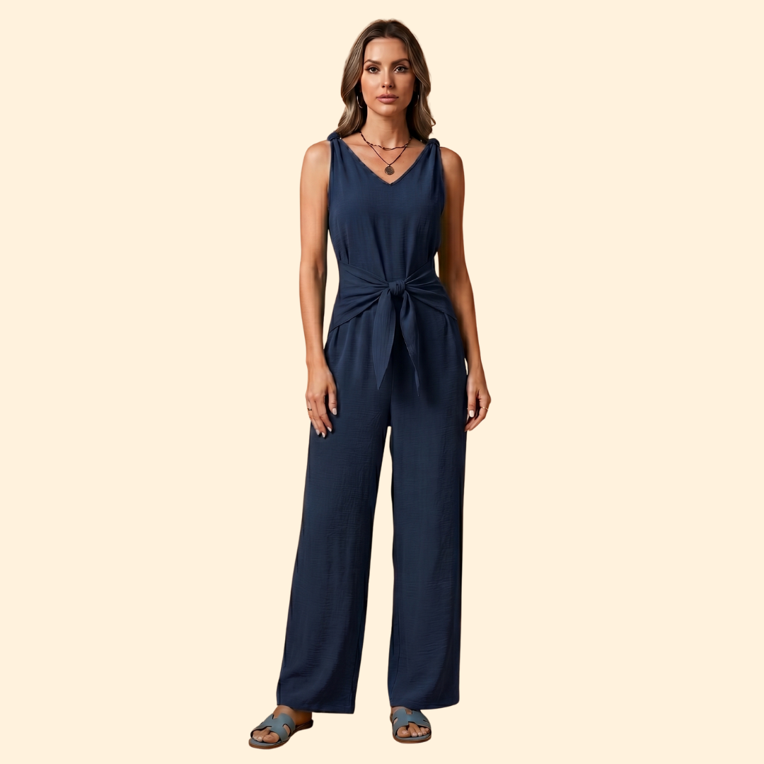 Women's Jumpsuit with V-Neckline and Adjustable Waist Tie