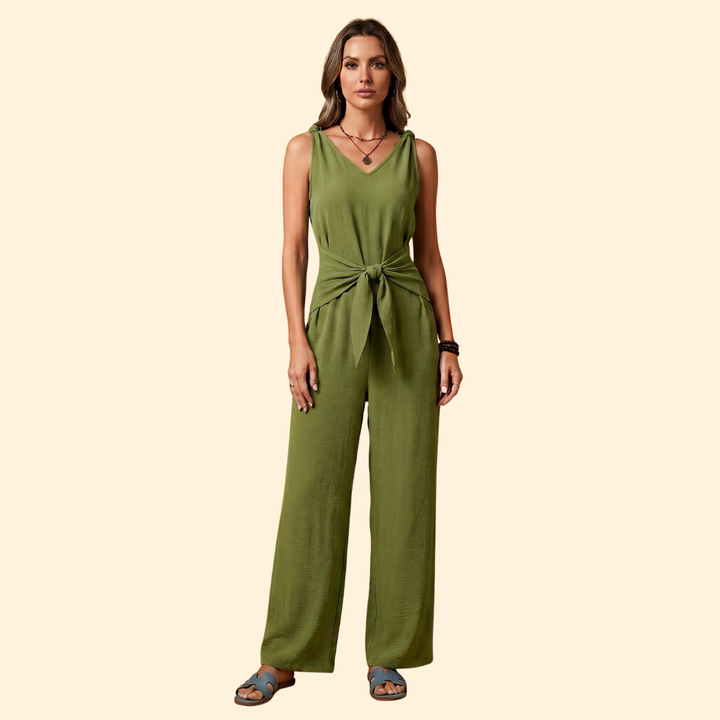 Women's Jumpsuit with V-Neckline and Adjustable Waist Tie