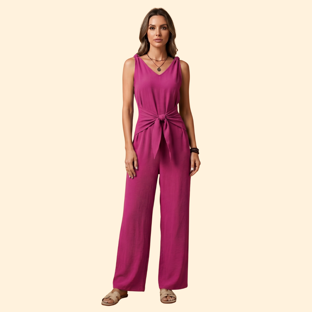 Women's Jumpsuit with V-Neckline and Adjustable Waist Tie