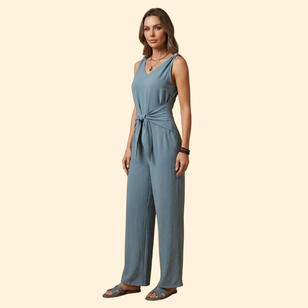 Women's Jumpsuit with V-Neckline and Adjustable Waist Tie