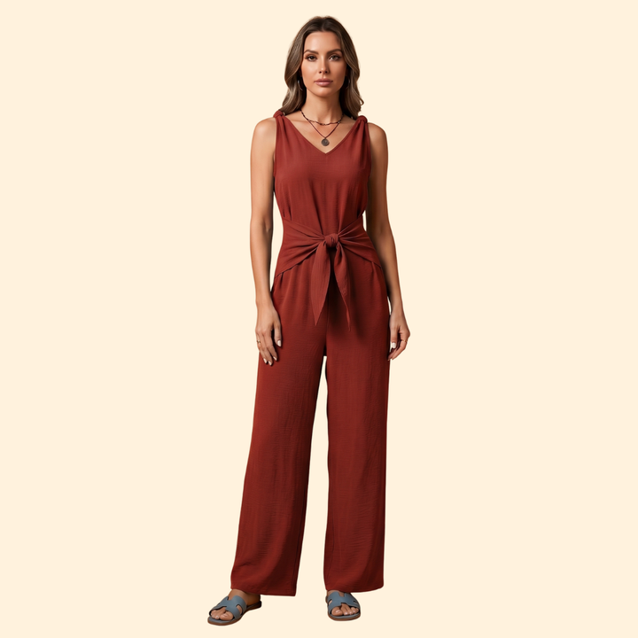 Women's Jumpsuit with V-Neckline and Adjustable Waist Tie