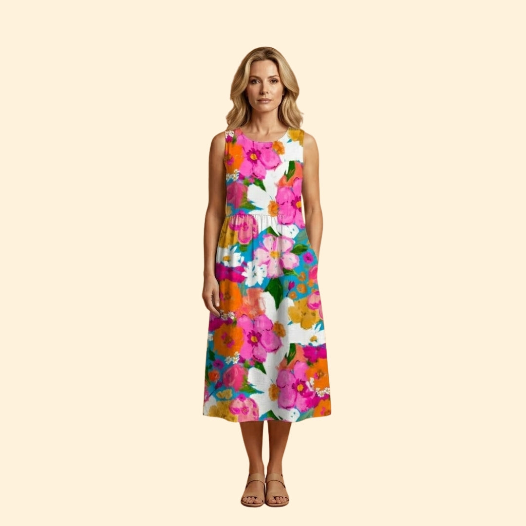 Women's Midi Dress with Floral Print and Relaxed Fit