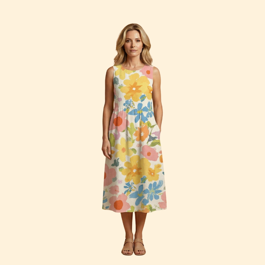 Women's Midi Dress with Floral Print and Relaxed Fit