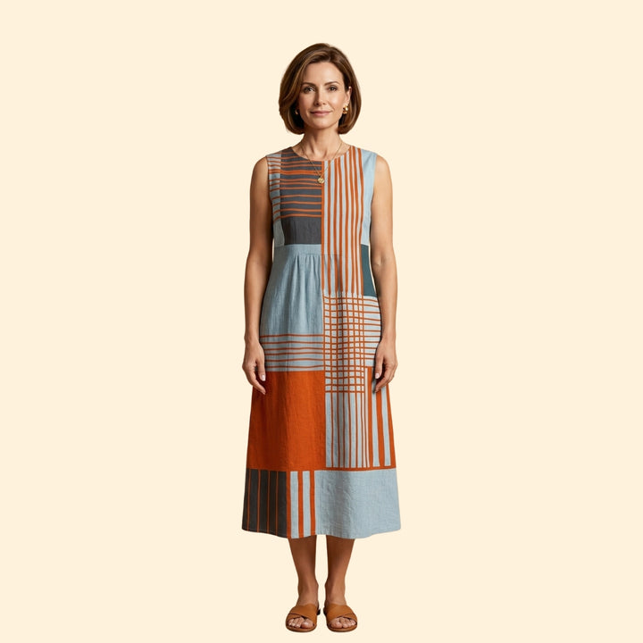 Women's Midi Dress with Geometric Design and Side Pockets