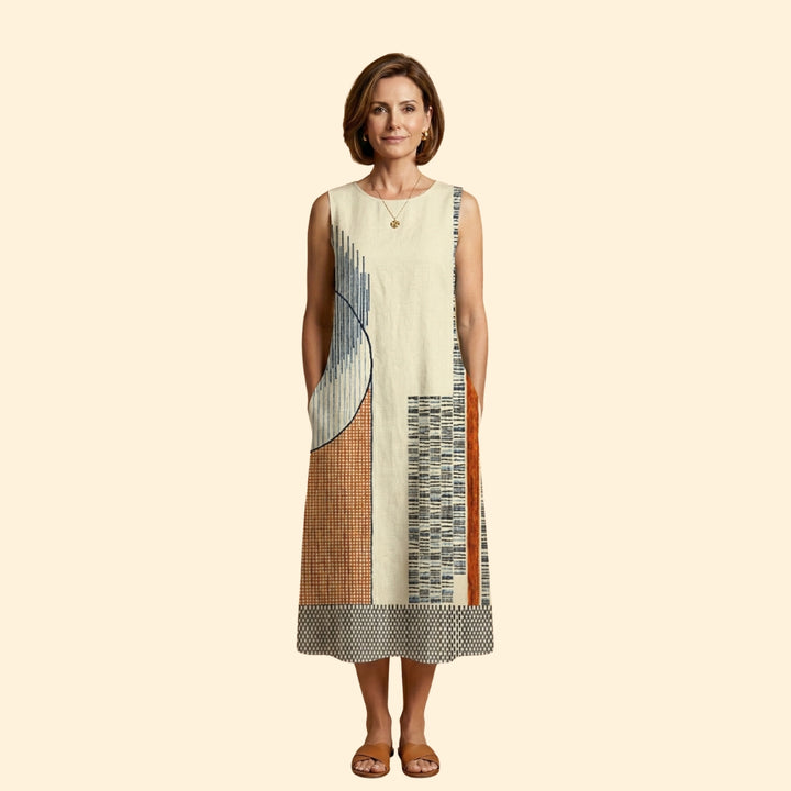 Women's Midi Dress with Geometric Design and Side Pockets