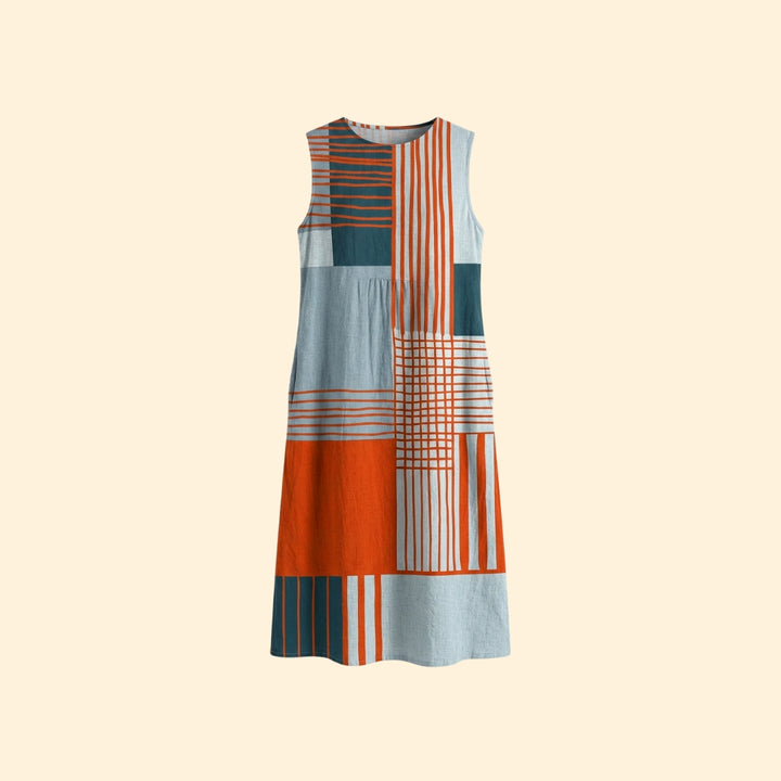 Women's Midi Dress with Geometric Design and Side Pockets
