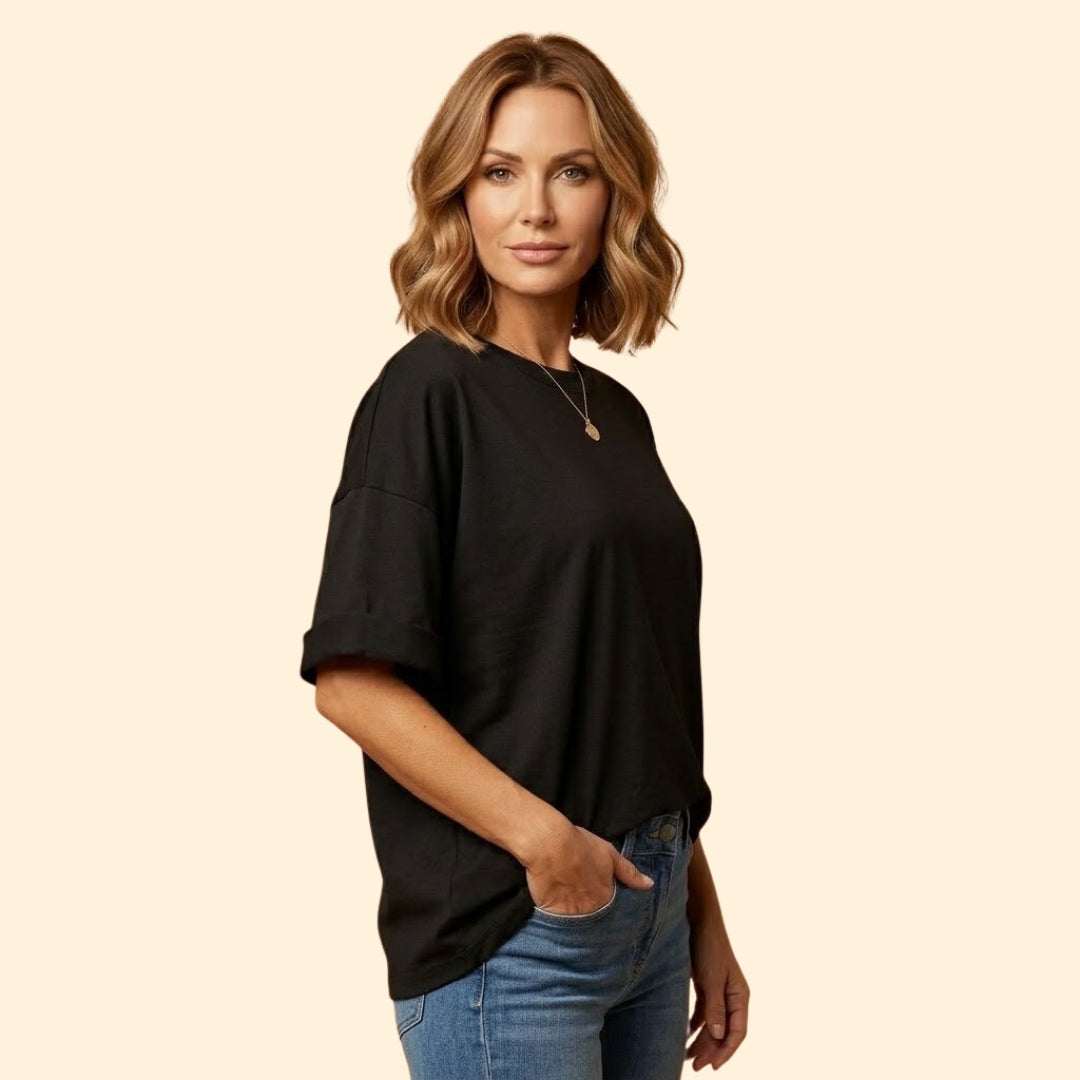 Women's Oversize T-Shirt with Round Neck and Cuffed Sleeves