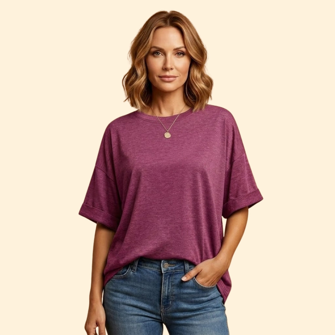 Women's Oversize T-Shirt with Round Neck and Cuffed Sleeves